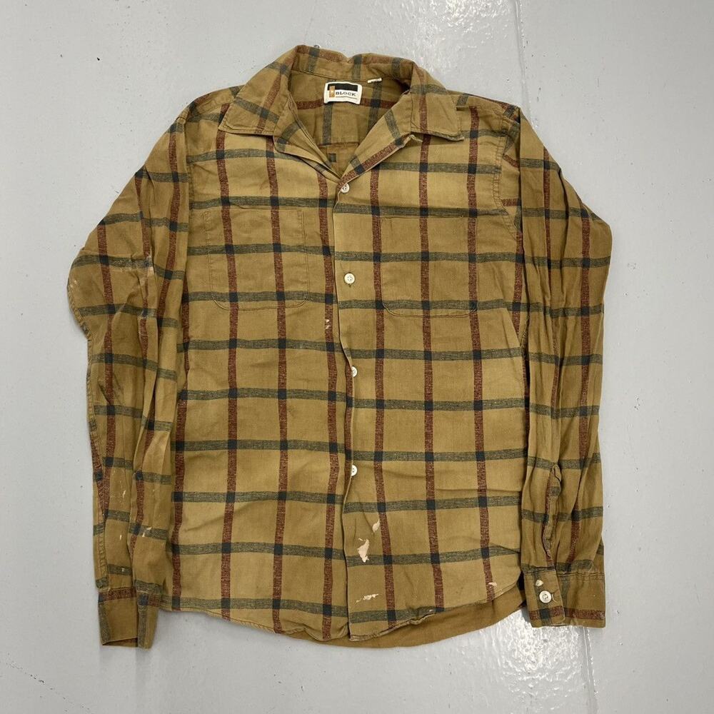 Vintage 60s Block Beige Plaid Cotton Loop Collar Shirt